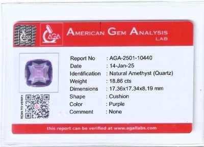 Certificate Amethyst cushion cut 18.86 carats, Brazil 