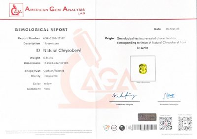 Certificate Yellow chrysoberyl in cushion cut 5.84 carats, Sri Lanka