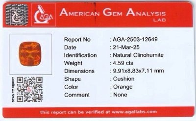 Certificate Vivid orange clinohumite in cushion-cut 4.59 carats, Afghanistan