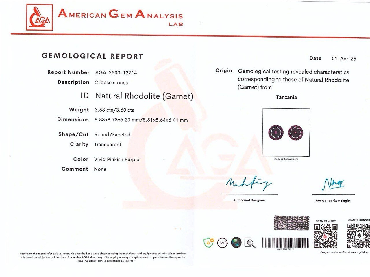 Pair of purple rhodolite round cut 7.18 carats, Tanzania Image №5