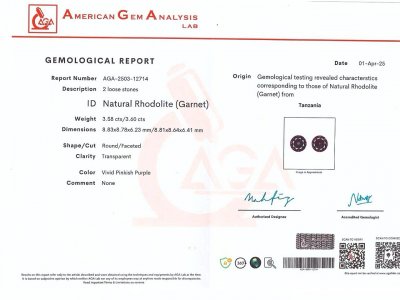 Certificate Pair of purple rhodolite round cut 7.18 carats, Tanzania