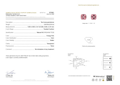 Certificate Pair of pink morganites cushion cut 4.99 carats, Africa