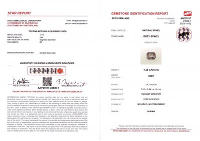 Certificate Steel gray radiant-cut spinel 1.38 ct, Burma