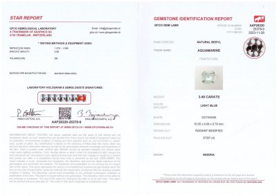 Certificate Octagon cut aquamarine 3.49 carats, Madagascar