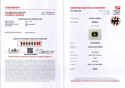 Certificate Pair of peridots from Burma in octagon cut 4.69 carats