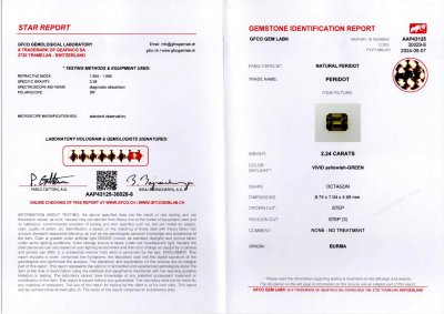 Certificate Pair of peridots from Burma in octagon cut 4.69 carats