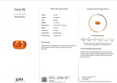 Certificate Fanta color spessartine garnet in cushion cut 11.24 Carats