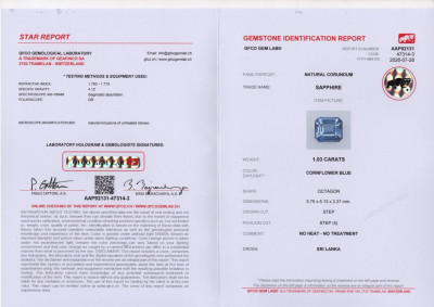 Certificate Unheated sapphire Cornflower Blue octagon cut 1.03 carats, Sri Lanka