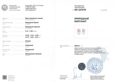 Certificate Pair of radiant cut pink morganites 10.24 carats, Africa