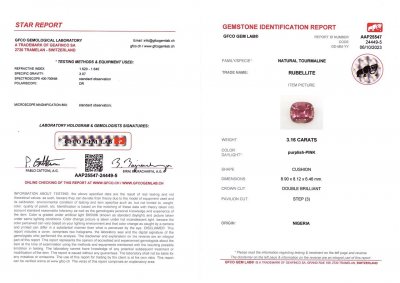 Certificate Cushion-cut pink tourmaline 3.16 ct, Nigeria