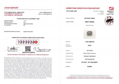 Certificate Steel gray spinel from Burma in radiant cut 1.38 ct