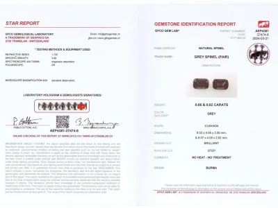 Certificate Pair of cushion-cut steel spinels 1.28 ct, Burma