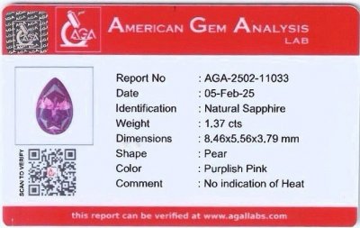 Certificate Unheated purple sapphire pear cut 1.37 carats, Madagascar 