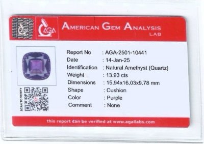 Certificate Amethyst cushion cut 13.93 carats, Brazil 