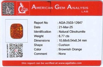 Certificate Deep orange clinohumite in cushion cut 6.77 carats, Afghanistan