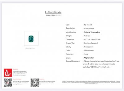 Certificate Tourmaline Lagoon cushion cut 4.23 carats, Afghanistan