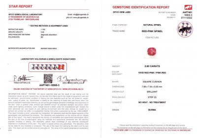Certificate Cushion cut bright pink Burmese spinel 2.60 ct