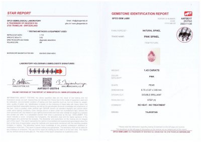 Certificate Pink-purple spinel from Tajikistan in pear cut 1.43 ct
