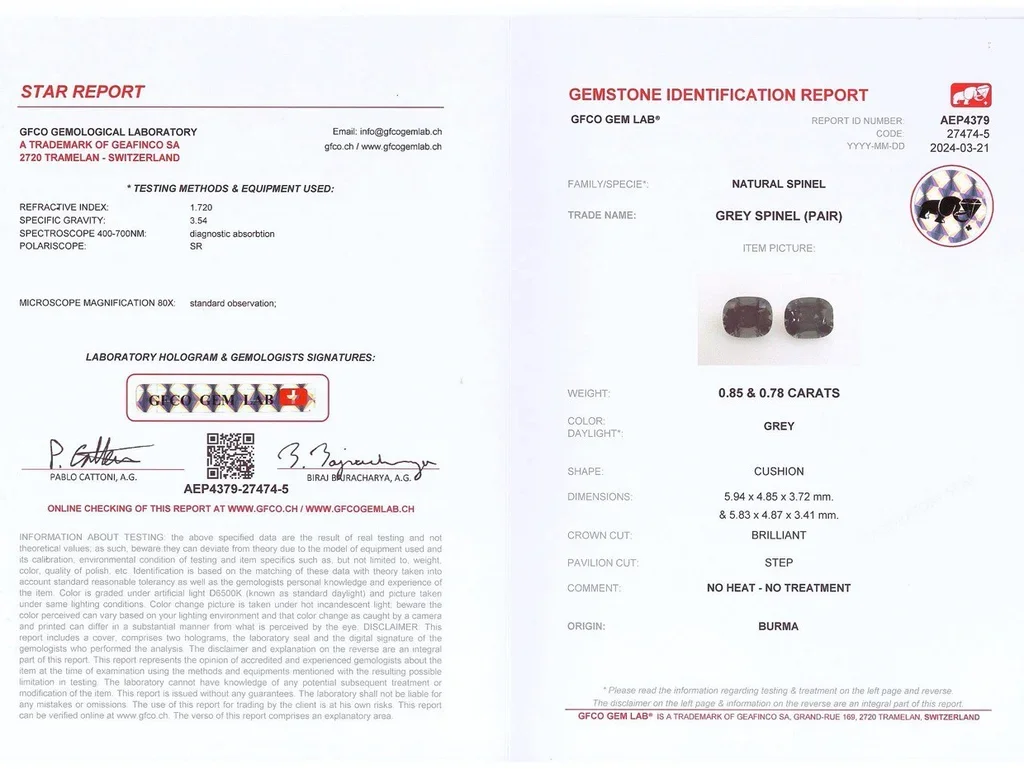 Pair of dark gray cushion cut spinels 1.63 carats, Burma Image №4