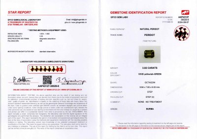Certificate Pair of peridots from Burma in octagon cut 7.70 carats 
