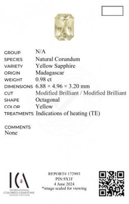 Certificate Pastel yellow sapphire in radiant cut 0.98 carats, Madagascar 