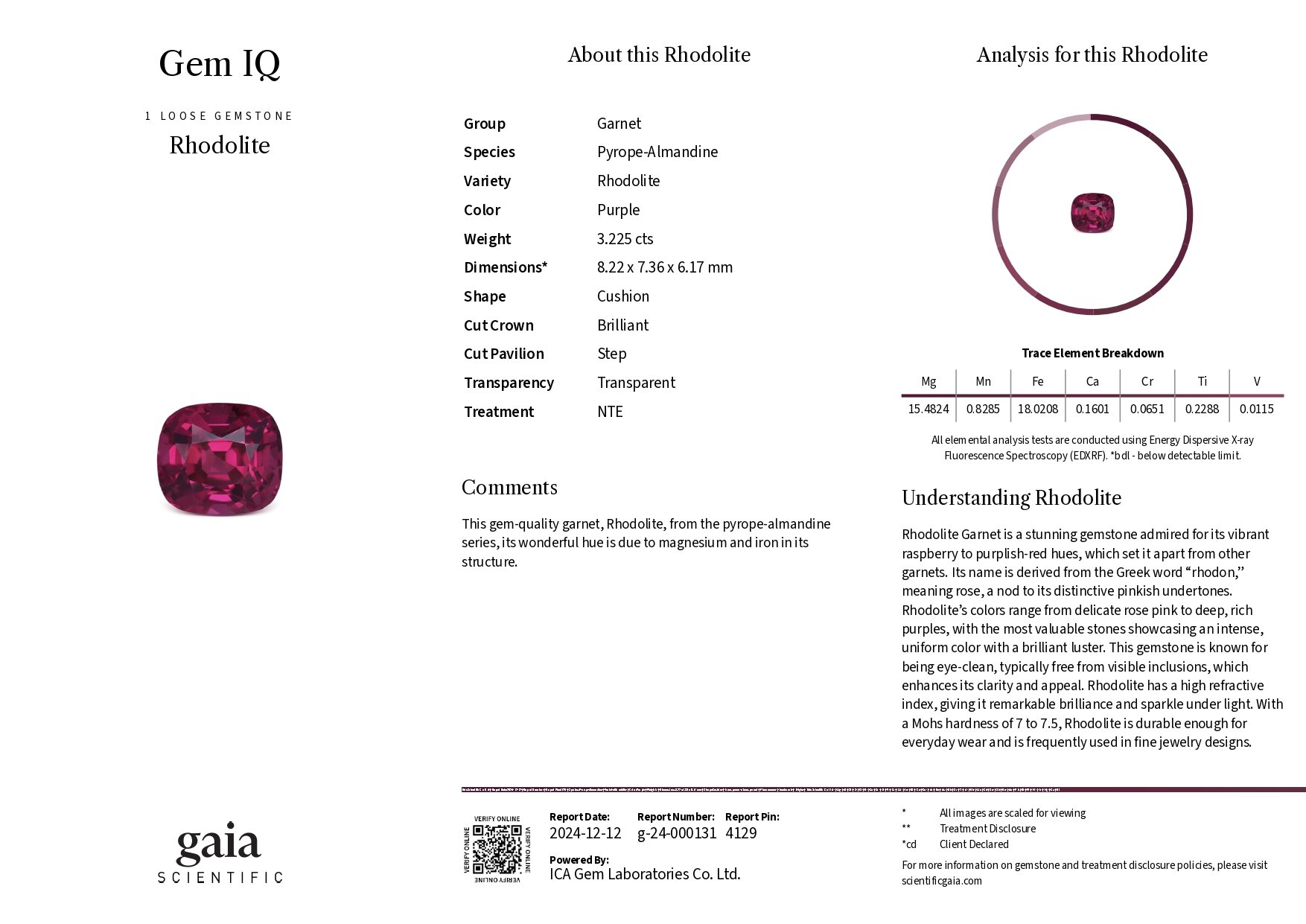 Cushion cut rhodolite garnet 3.23 garats, Tanzania Image №6