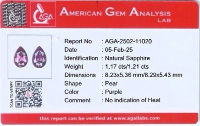 Certificate Pair of unheated purple sapphires pear cut 2.38 carats, Madagascar