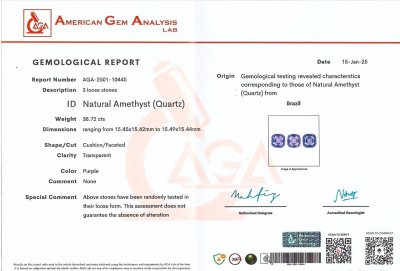 Certificate Set of amethysts cushion cut 38.72 carats, Brazil 