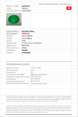 Certificate Huge Intense green emerald in oval cut 48.33 carats, Colombia