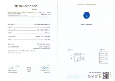 Certificate Royal Blue sapphire in cushion cut 4.18 carats, Sri Lanka 