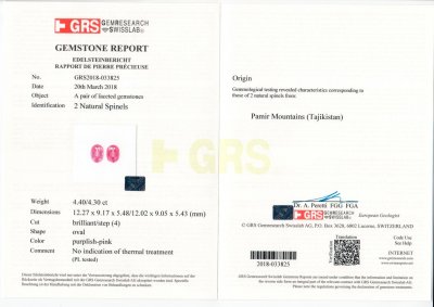 Certificate Pair of pink spinels 8.70 ct, Tajikistan, GRS