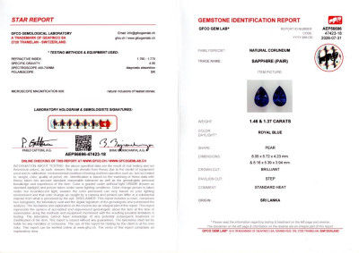 Certificate Pair of sapphires Royal Blue pear shaped  2.83 carats, Sri Lanka