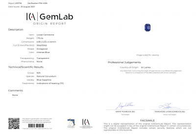 Certificate Intense blue sapphire, octagon cut, 1.79 ct, Sri Lanka