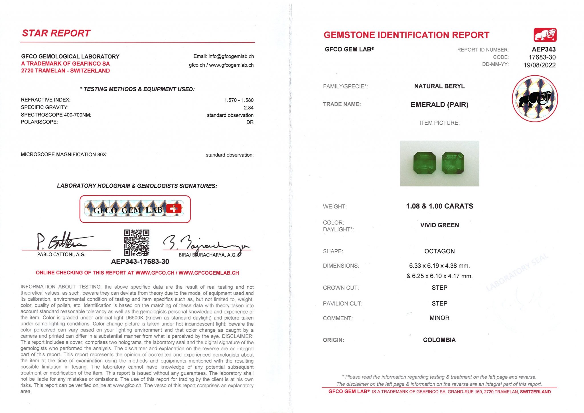 Pair of octagon cut emeralds 2.08 ct, Colombia Image №5