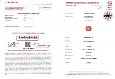 Certificate Cushion cut orange-pink spinel 4.00 ct, Burma