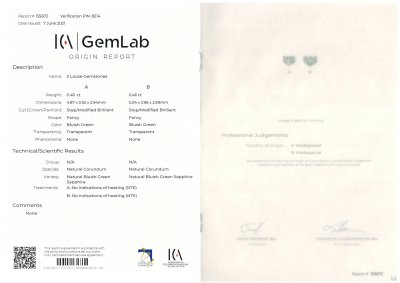 Certificate Pair of unheated blue-green sapphires 0.92 ct, Madagascar