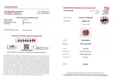 Certificate Pinkish-red cushion cut tourmaline from Africa 3.52 ct