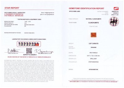 Certificate Rare vivid orange baguette-cut clinohumite 2.87 ct, Afghanistan