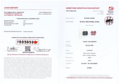 Certificate Pair of blue-green and pink spinels in cushion cut 2.95 ct, Burma