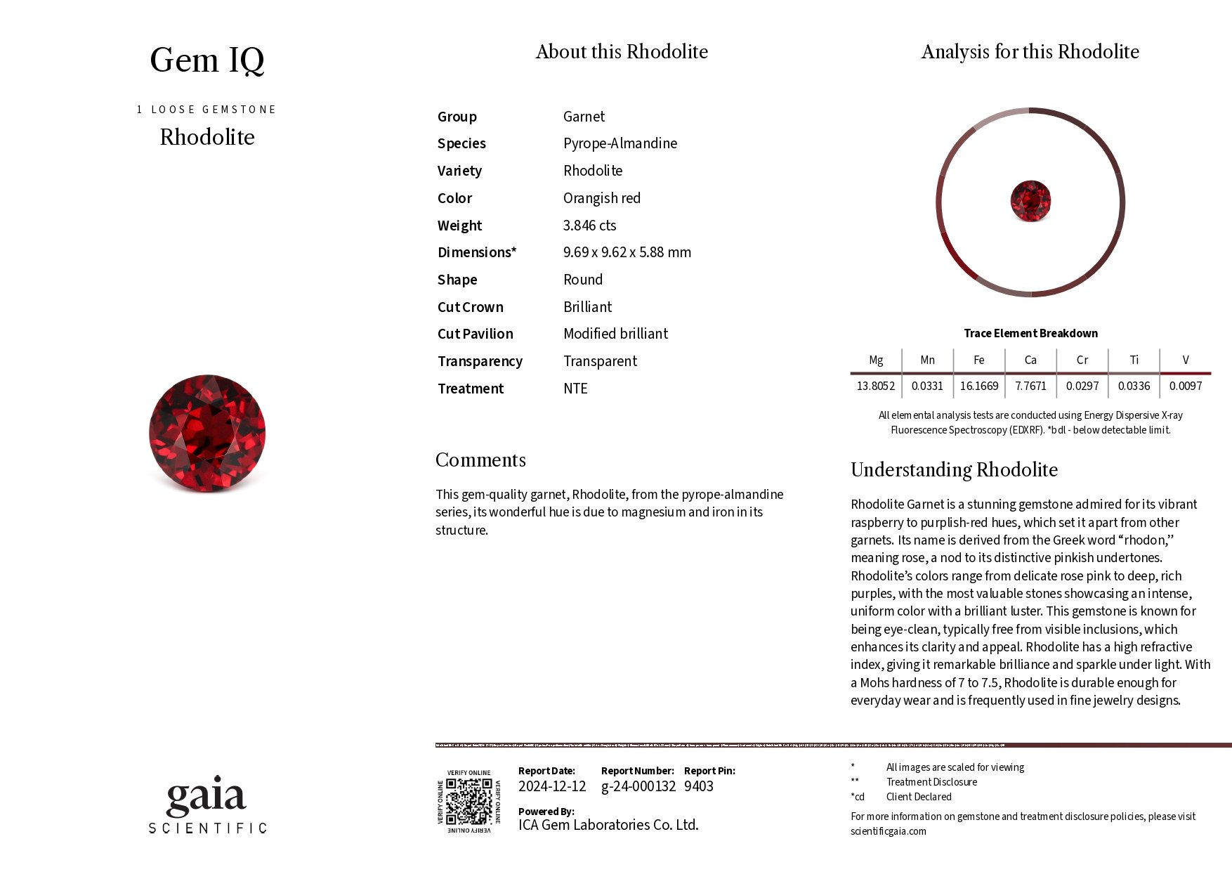 Red-orange rhodolite garnet in round cut 3.84 carats, Tanzania Image №6