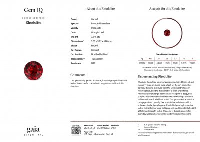 Certificate Red-orange rhodolite garnet in round cut 3.84 carats, Tanzania
