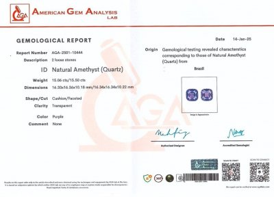 Certificate Pair of amethysts cushion cut 30.56 carats, Brazil 