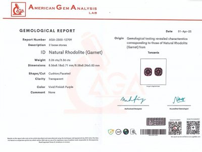 Certificate Pair of purple rhodolite cushion cut 6.62 carats, Tanzania
