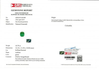Certificate Unique large Colombian emerald 10.79 ct, GRS (Insignificant)
