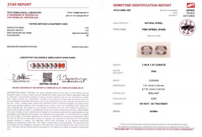 Certificate Pair of cushion cut Mauve spinels 2.90 ct