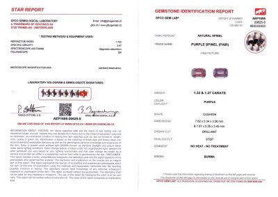 Certificate Pair of lilac cushion cut spinels 2.59 ct, Burma