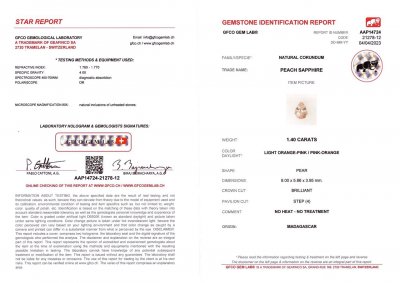 Certificate Pastel pear cut padparadscha sapphire 1.40 ct