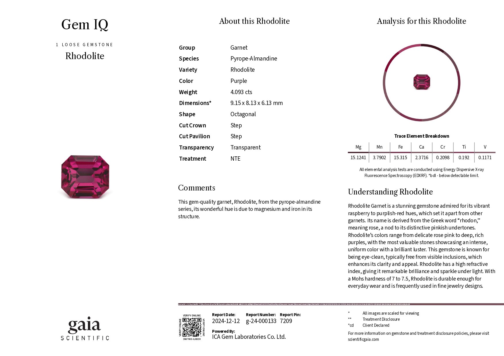 Octagon cut rhodolite garnet 4.09 carats, Tanzania Image №6