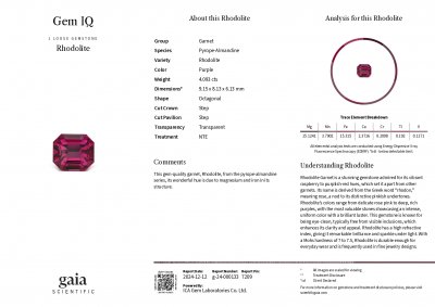 Certificate Octagon cut rhodolite garnet 4.09 carats, Tanzania