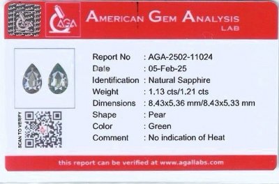 Certificate Pair of unheated green sapphires pear cut 2.34 carats, Madagascar